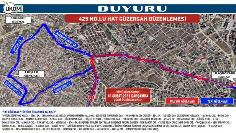 425 nolu hatta güzergah değişikliği yapıldı