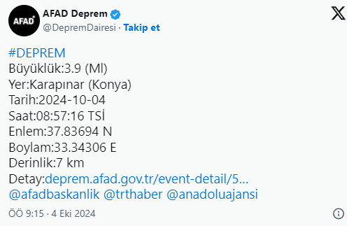 AFAD'ın verilerine göre, Konya'nın Karapınar ilçesinde 3.9 büyüklüğünde bir deprem meydana geldi. 
