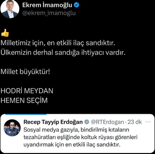 İmamoğlu'ndan Erdoğan'nın paylaşımına yanıt : "Hodri meydan, Hemen seçim!"