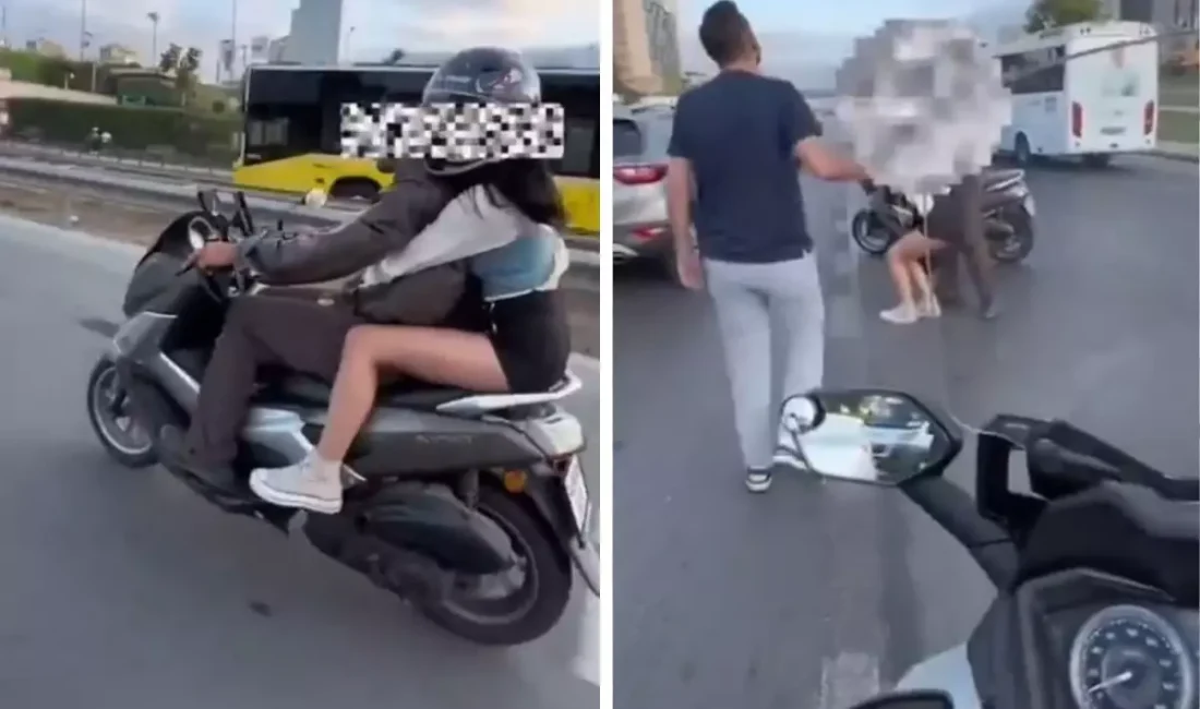 İstanbul'da motosikletli çift, trafikte tehlikeli hareketler yapınca başka bir motosiklet