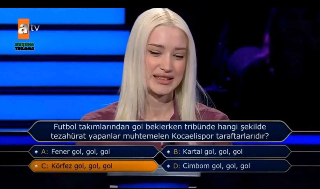 ATV’de yayınlanan bilgi yarışmasında Kocaelispor sürprizi yaşandı. Yarışmacıya yöneltilen Kocaelispor